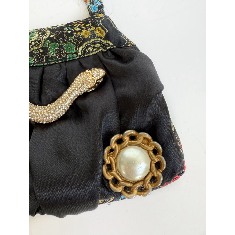 Black multi color print dragon, snake and pearl handbag - Picture 6 of 8